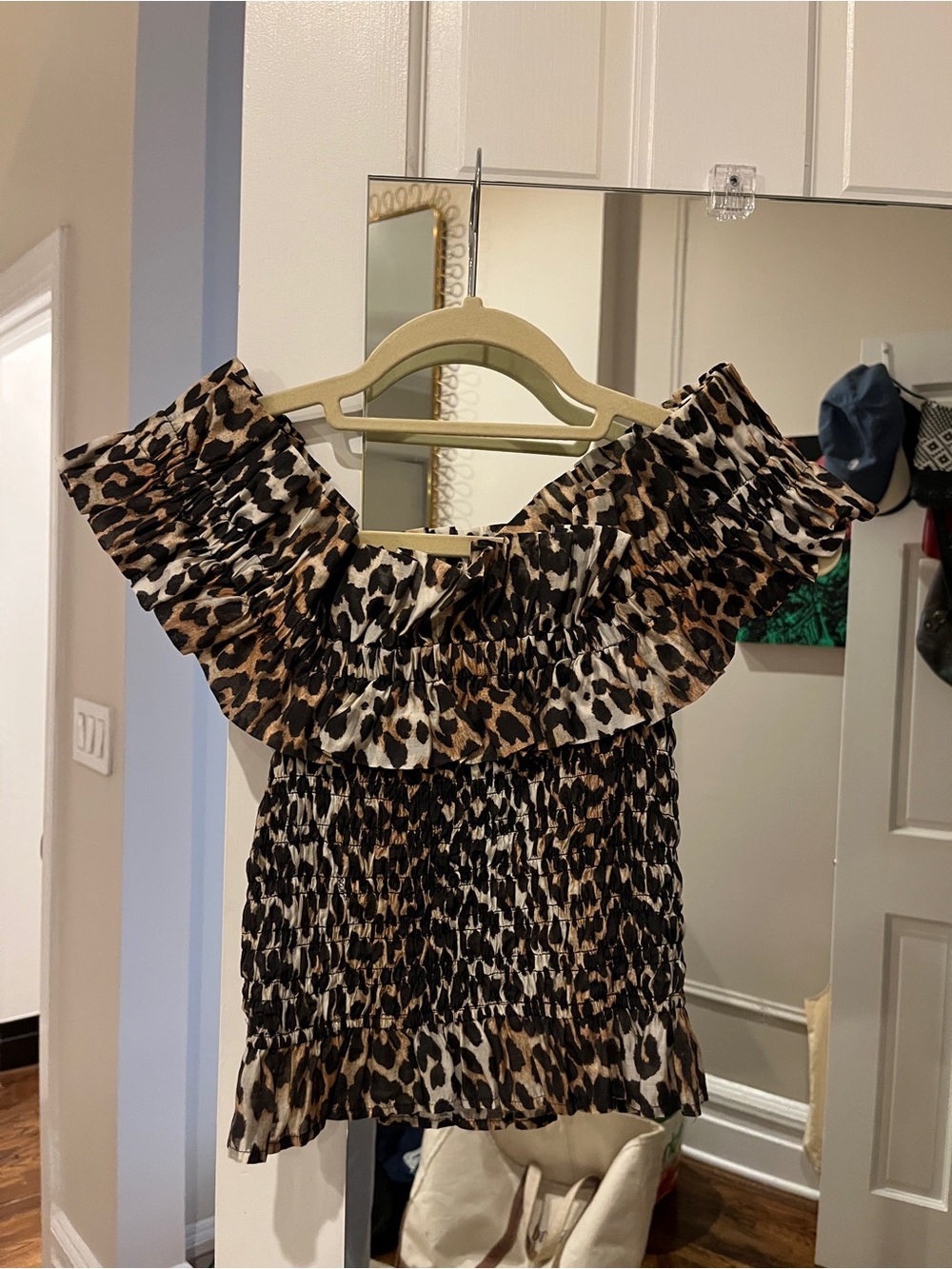 Ganni Leopard Print Off-Shoulder Smocked Top